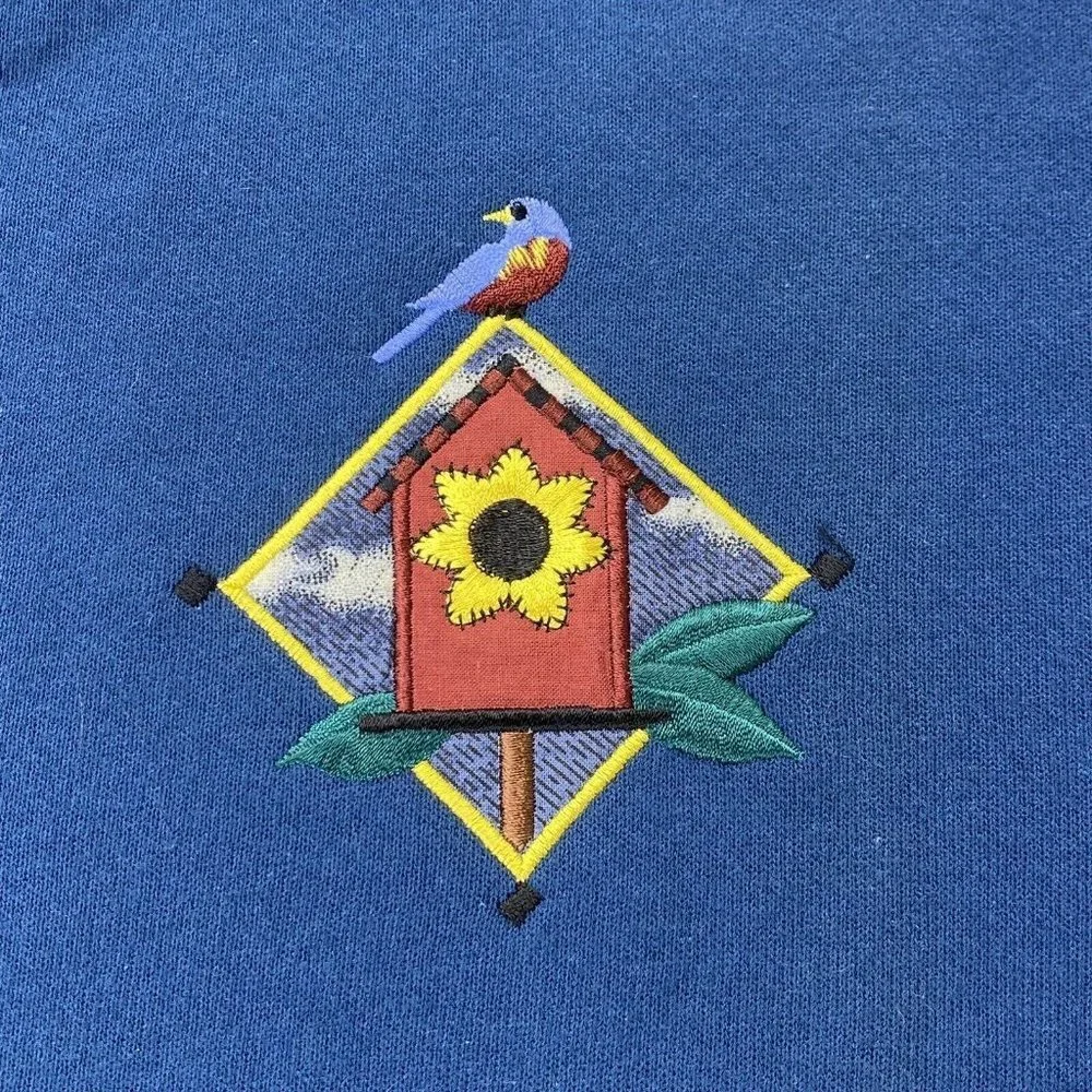 VTG‎ Morning Sun Top Stitch Cardigan Sweatshirt L Blue Birdhouse Embroidered USA